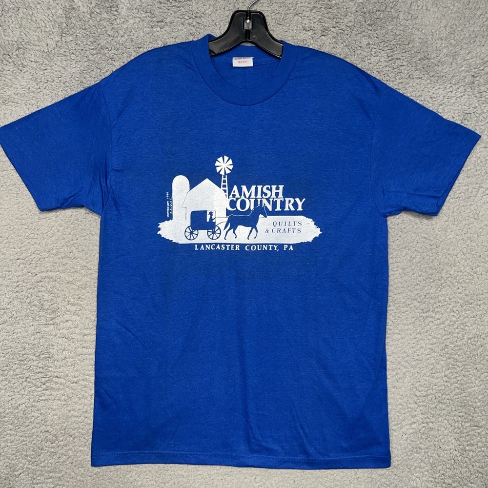 VTG Amish Country Quilts & Crafts T Shirt Men's Sz L Blue Lancaster PA 90s *Rare